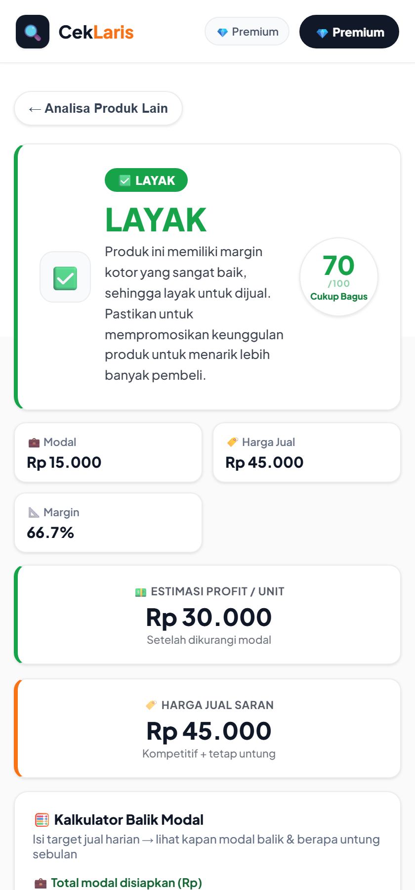 Contoh hasil Analisa Produk di CekLaris — skor kelayakan, margin, dan harga jual saran